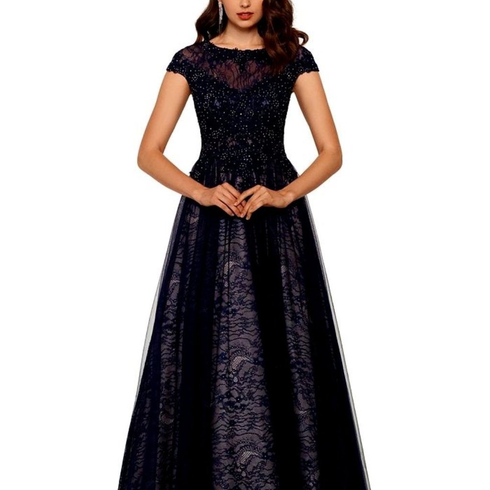XSCAPE Embroidered Lace Dress (Gown) (Prom) (Wedding) Navy Sz 12